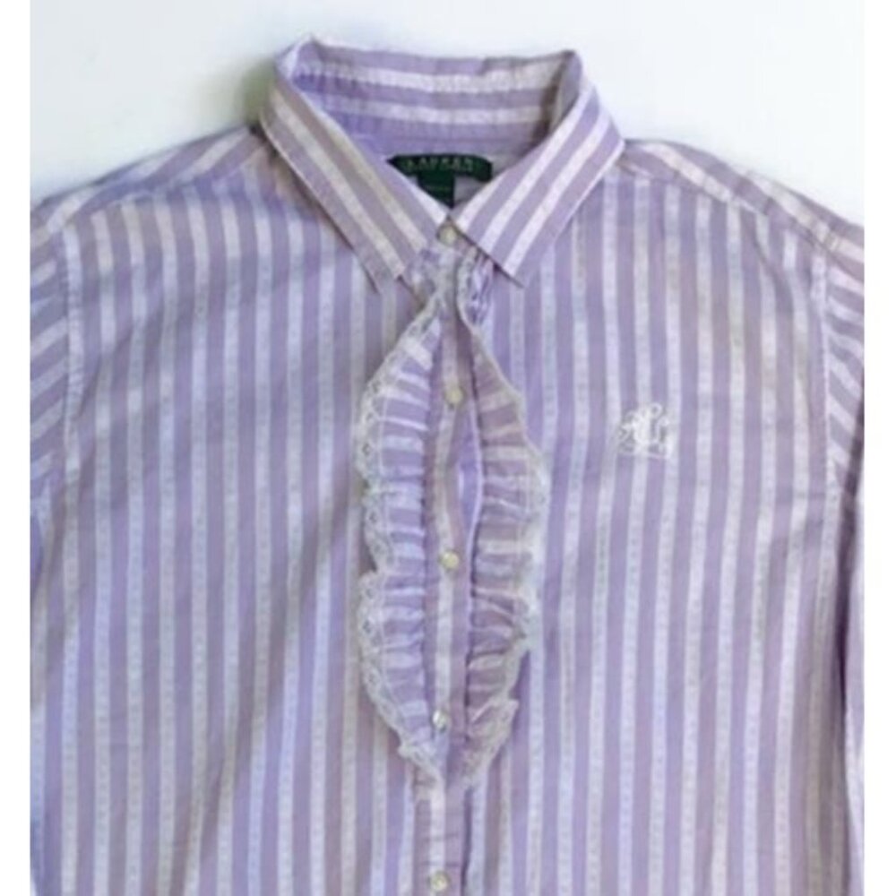 VTG Ralph Lauren Night Gown Sleep Shirt M Lavender Stripe Pocket Designer Lounge - Picture 2 of 8